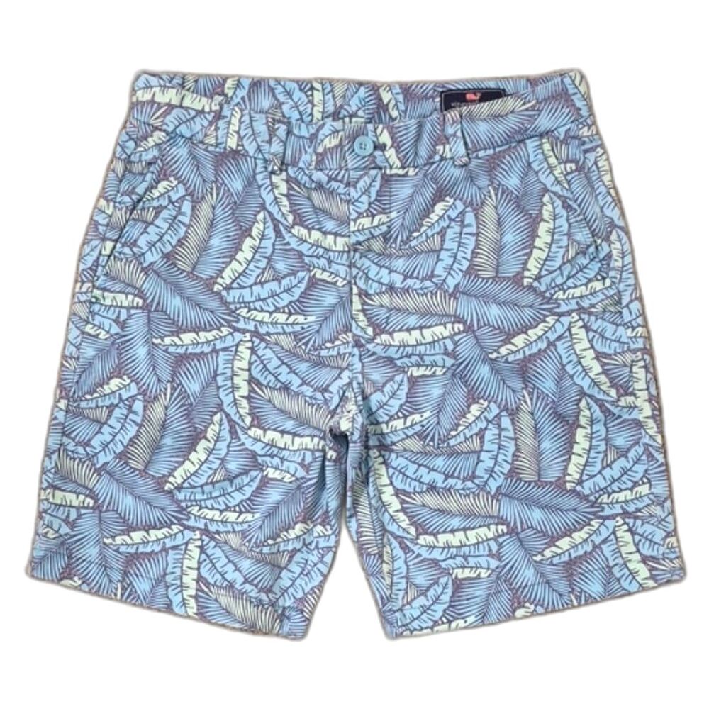 Vineyard Vines Breaker Shorts 32 Tropical Palm Leaf Print Blue Stretch Cotton